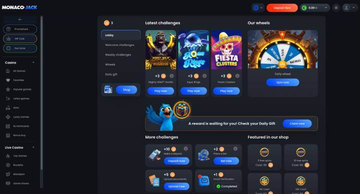 MonacoJack Casino challenges screenshot