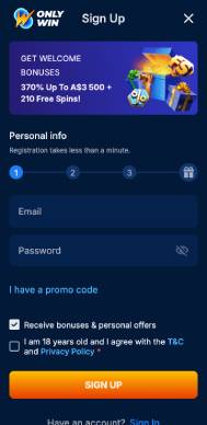 OnlyWin Casino registration screenshot