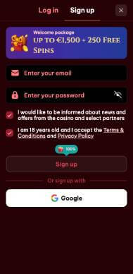 Spinogambino Casino sign up screenshot