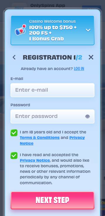 OnlySpins Casino signup screenshot